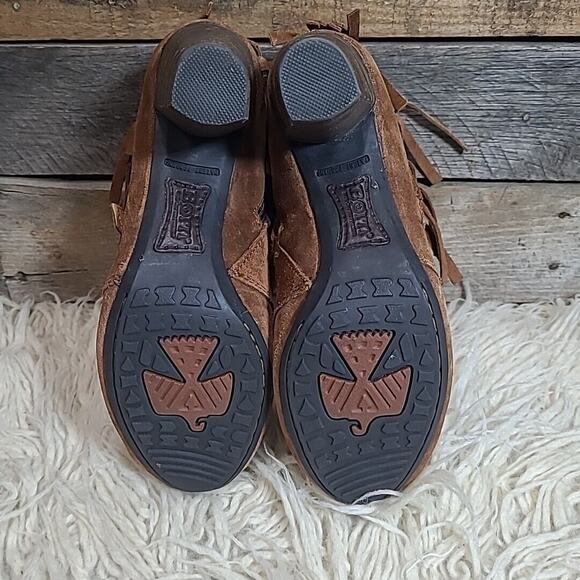 BORN Thora Ankle Bootie 6.5 Fringe Brown Rust Suede 3" Heel Moccasins Side Zip - Picture 8 of 9